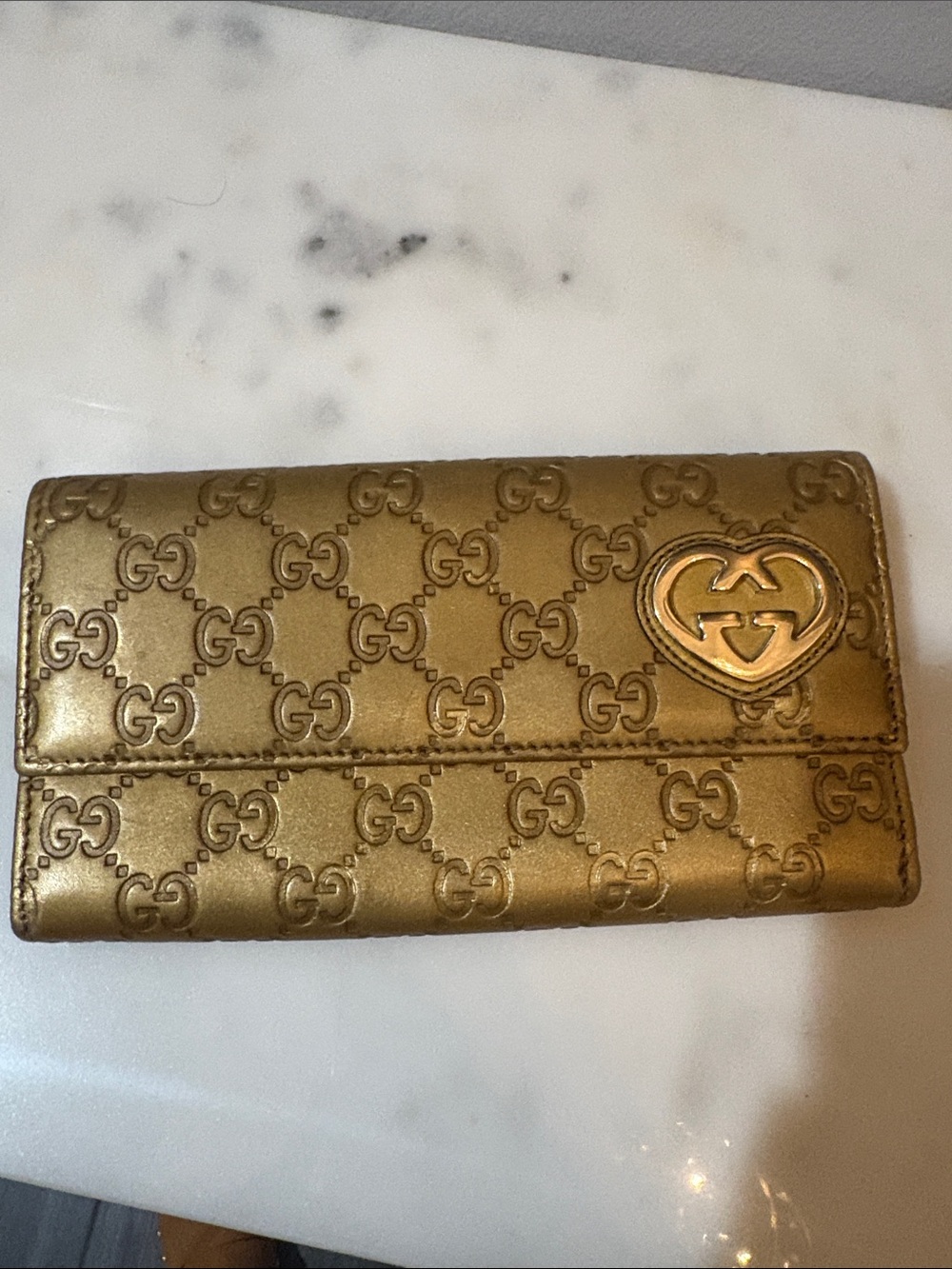 Gucci Metallic Gold GG Heart Logo Continental Wallet